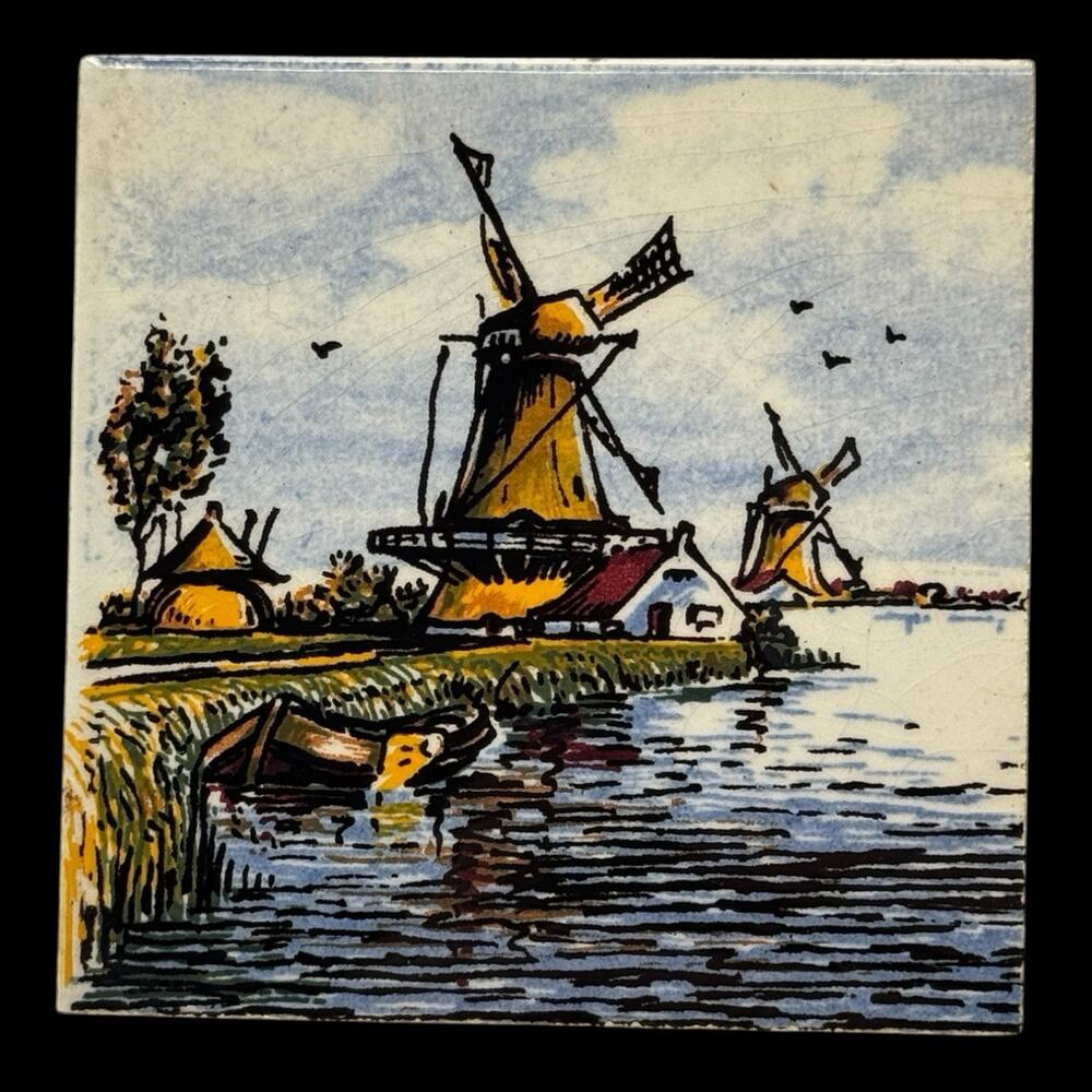 Vintage Delft Hand Painted Multicolor Windmill Mini Tile Holland Canal Dutch 3"